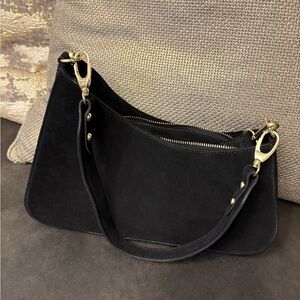 Chic Black Suede Shoulder Bag with Gold Accents NWOT